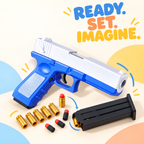 blue and white shell-ejecting toy pistol with soft bullets