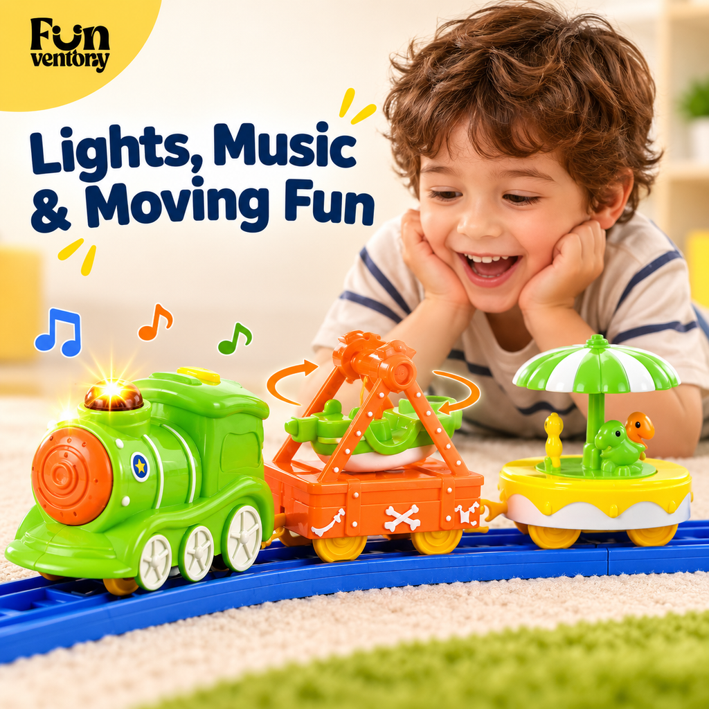 Circus toy train with lights, music and moving rides