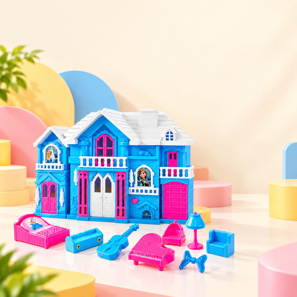 pink and blue toy villa dollhouse with furniture