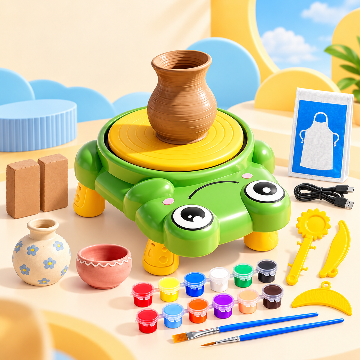 frog-shaped kids pottery wheel craft kit with clay and paints