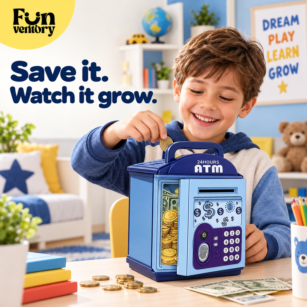 Boy saving coins in an electronic ATM piggy bank