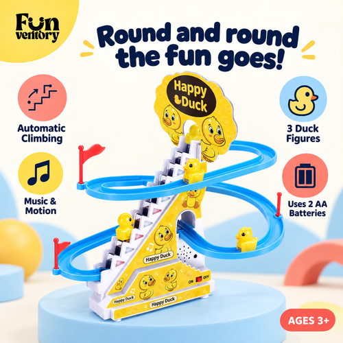 Climbing ducks slide toy features: automatic climbing, music and motion, 3 ducks, uses 2 AA batteries