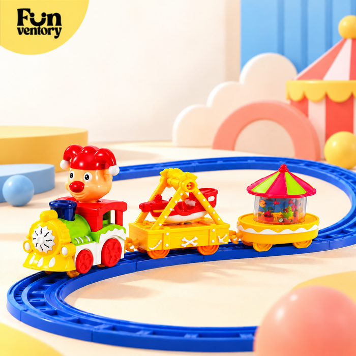 electric three-car circus toy train on a blue track