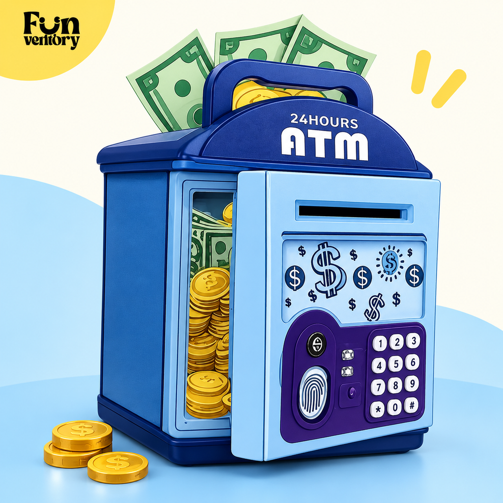 Blue electronic ATM money bank with password keypad