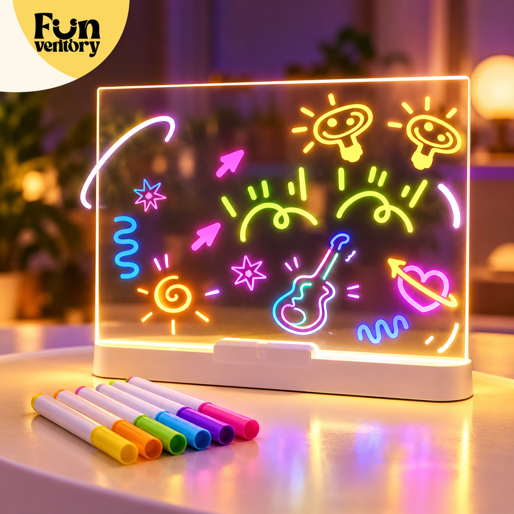LED glow drawing board with colourful neon doodles and markers
