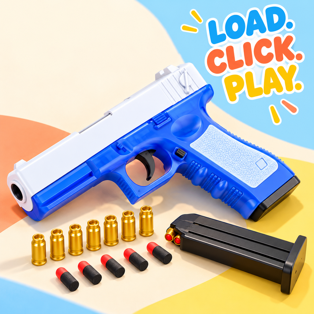 blue and white shell-ejecting toy pistol with soft bullets
