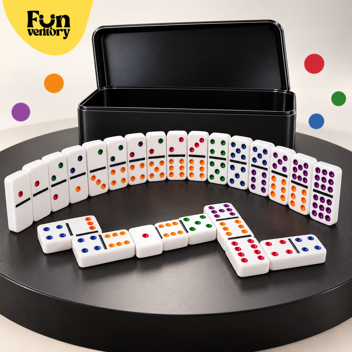 double-six dominoes set with colour dots in a black tin