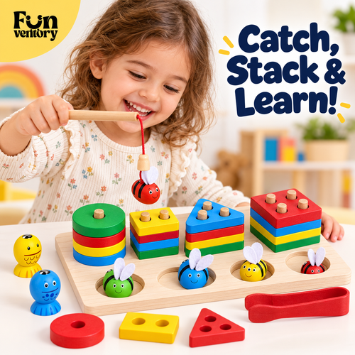 Girl stacking shapes and fishing on a 2-in-1 wooden toy board