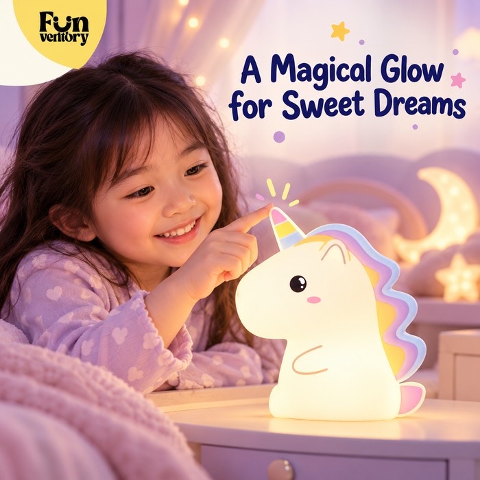 Girl touching a glowing unicorn night light at bedtime