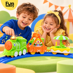 Kids watching a green toy train pull circus carriages