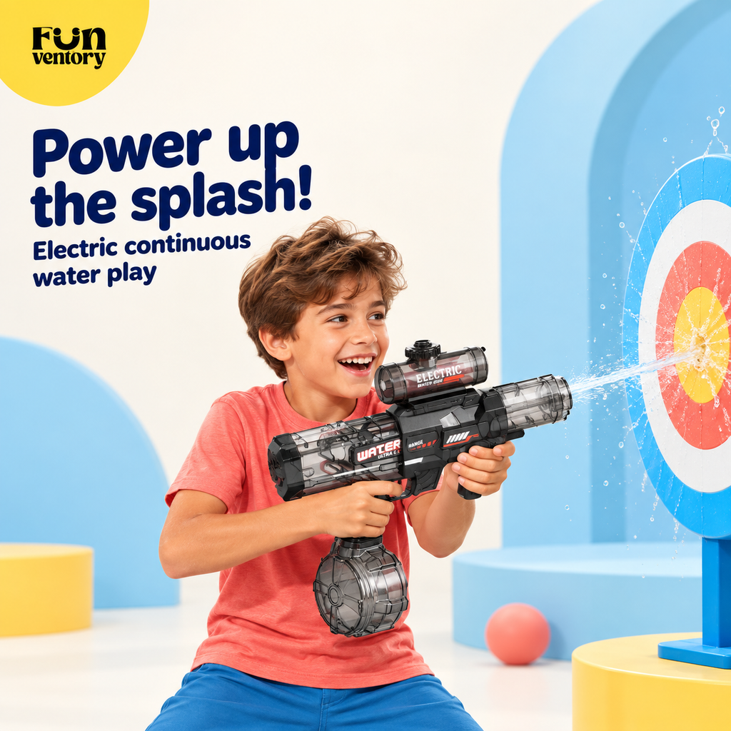 Boy aiming an automatic electric water blaster at targets