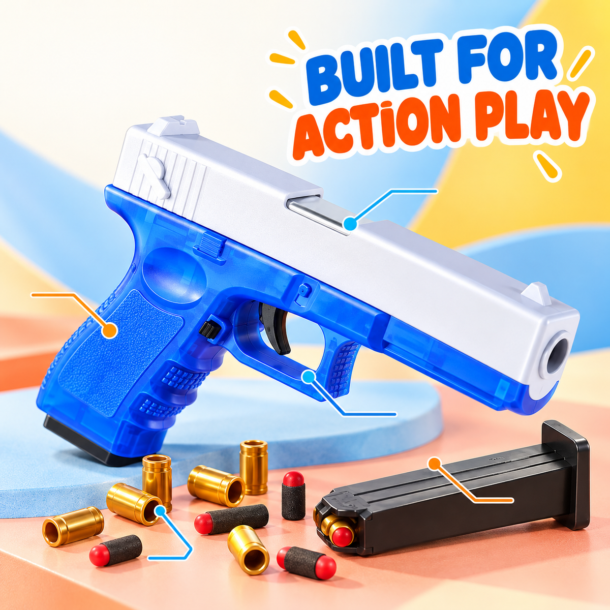 blue and white shell-ejecting toy pistol with soft bullets