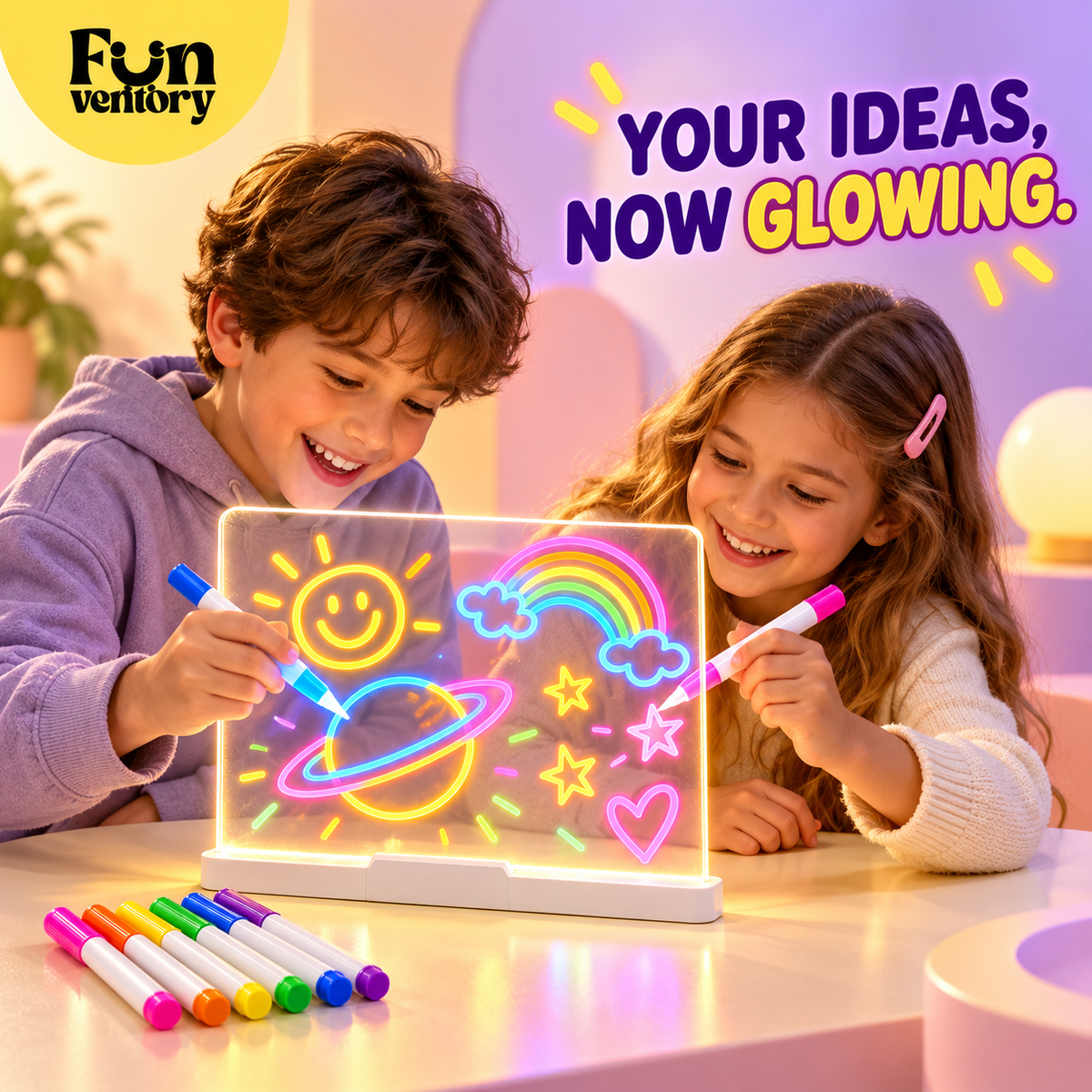 LED glow drawing board for kids with neon markers