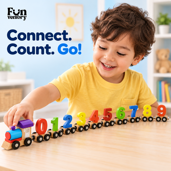 Child playing with a wooden magnetic number train on a table