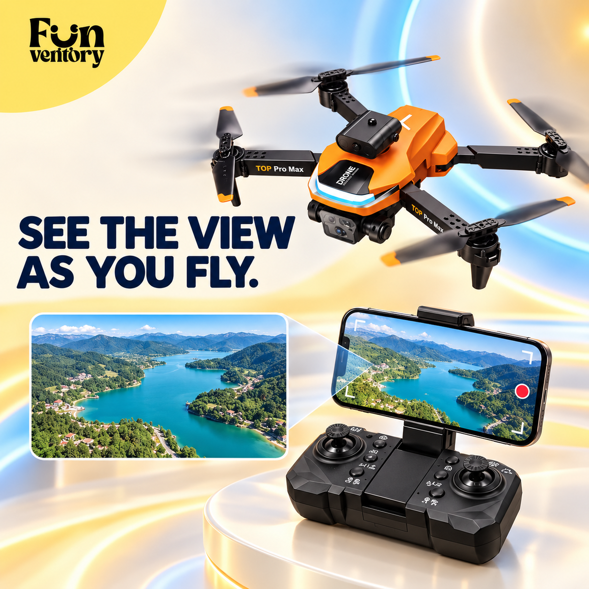 orange foldable camera drone with remote and carry case