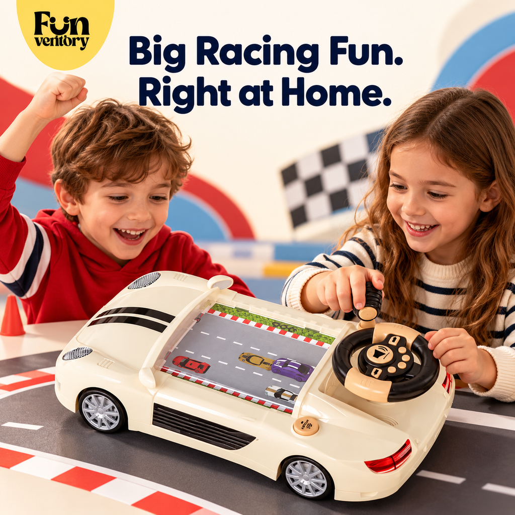 Two kids racing on a steering wheel driving simulator toy