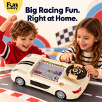 Two kids racing on a steering wheel driving simulator toy