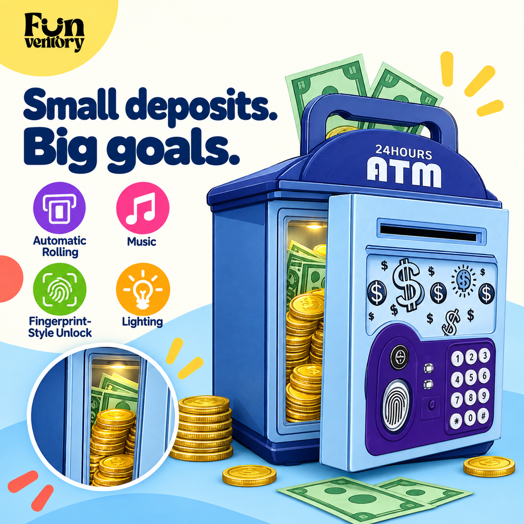 Kids ATM money bank features: automatic rolling, music, fingerprint-style unlock, lighting