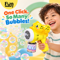 Boy making lots of bubbles with a yellow fan bubble gun