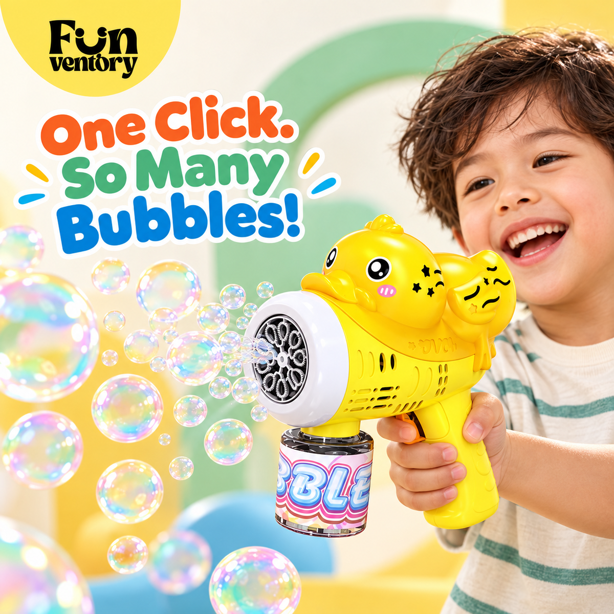 Boy making lots of bubbles with a yellow fan bubble gun