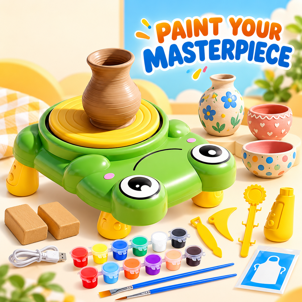 frog-shaped kids pottery wheel craft kit with clay and paints