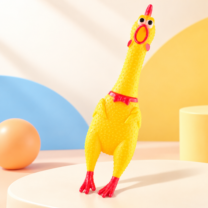 yellow squeaky rubber chicken toy