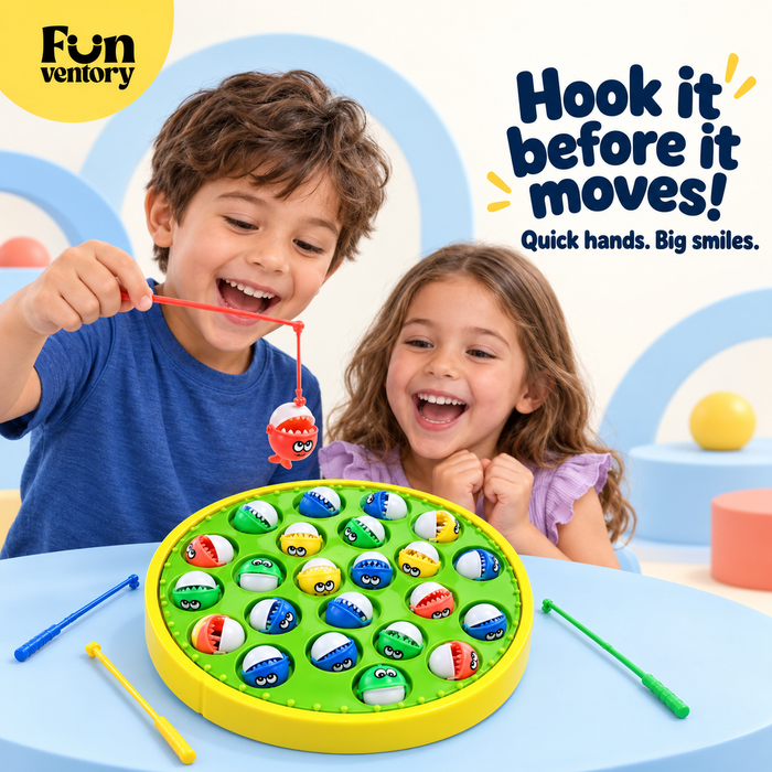 Two children playing a rotating fishing game with rods