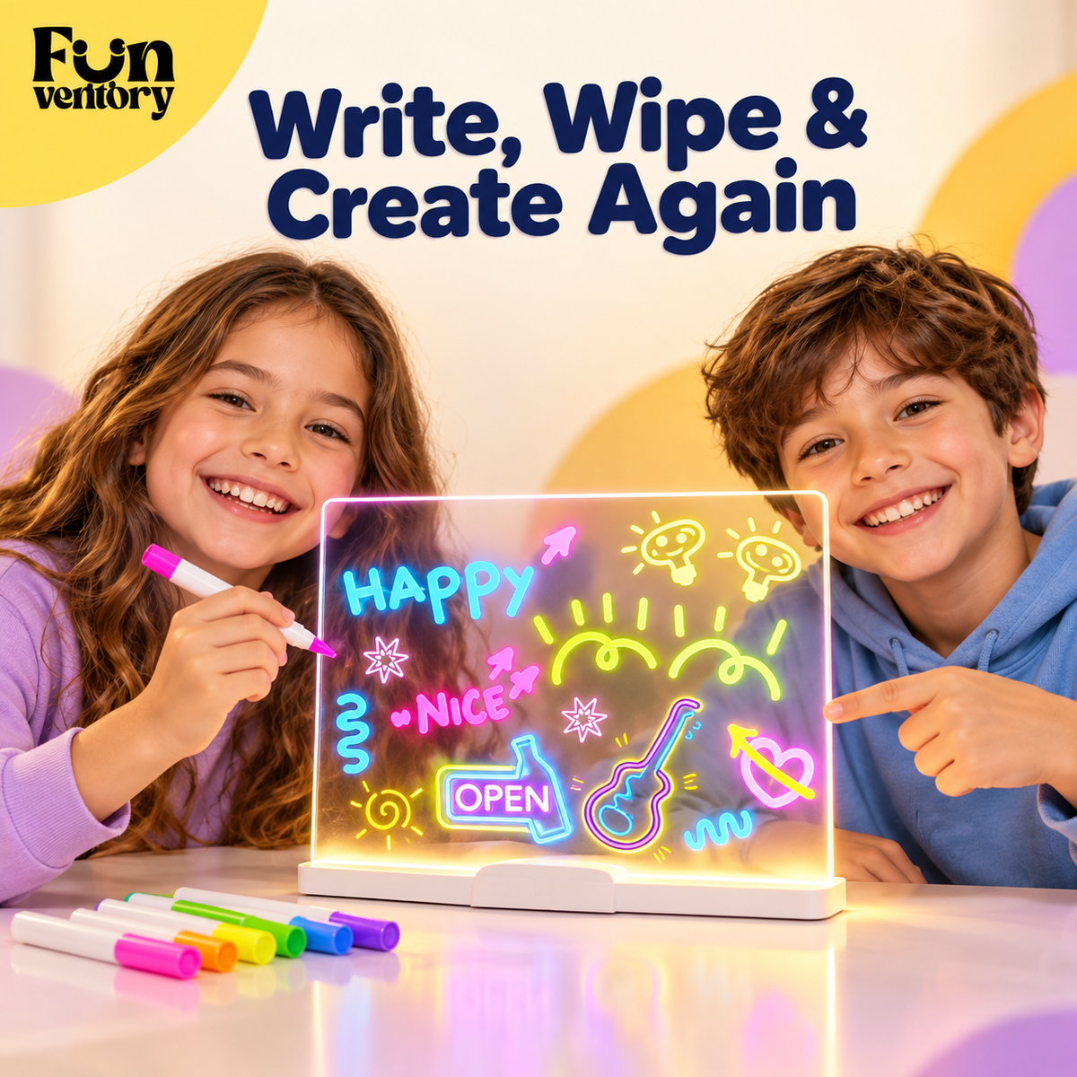 Two kids writing messages on a light-up glow board