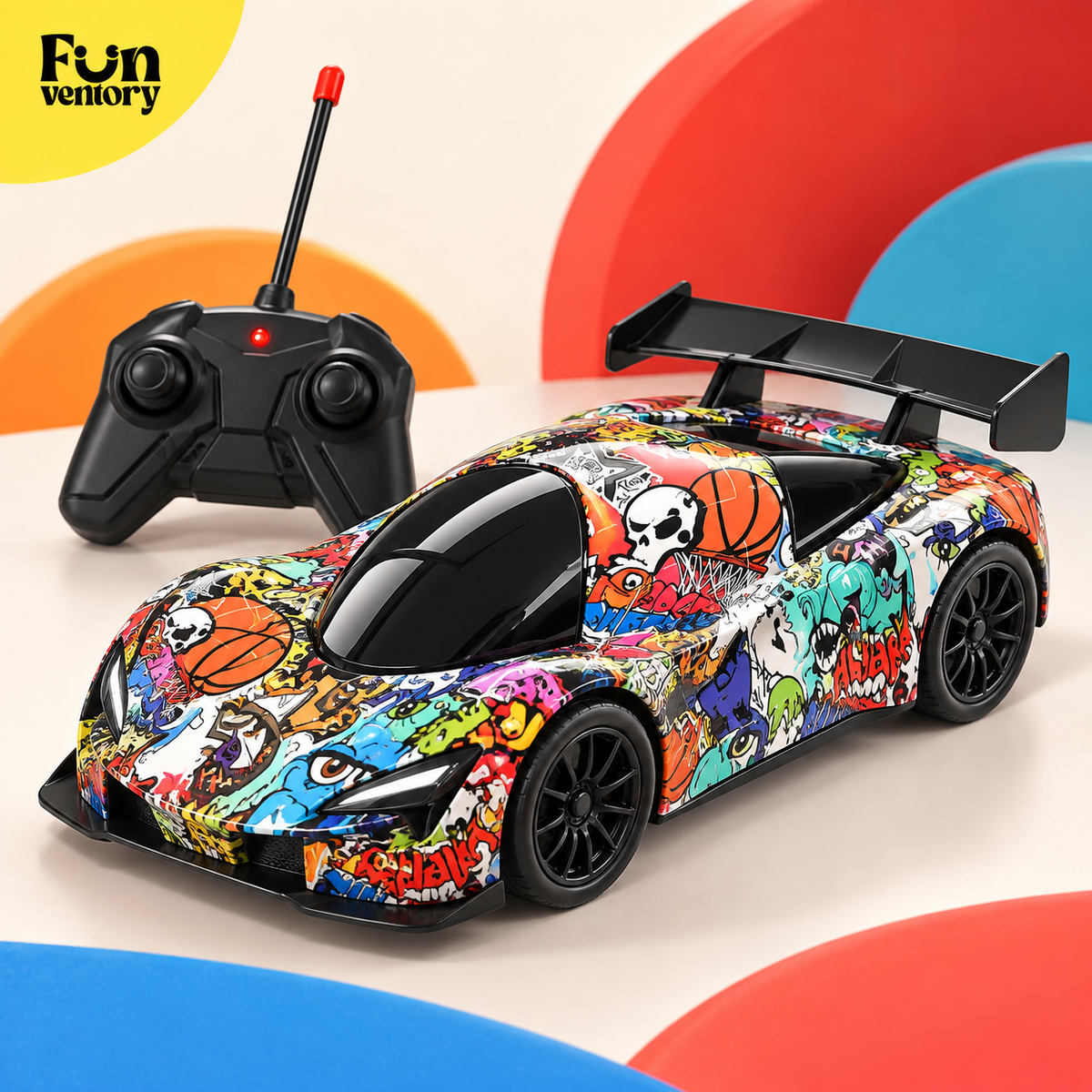 Graffiti RC sports car with black remote controller