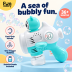 Whale bubble gun features: easy-grip handle, one-trigger bubbles, solution bottle included