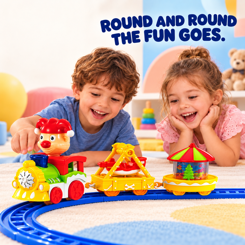 electric three-car circus toy train on a blue track