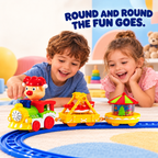 electric three-car circus toy train on a blue track