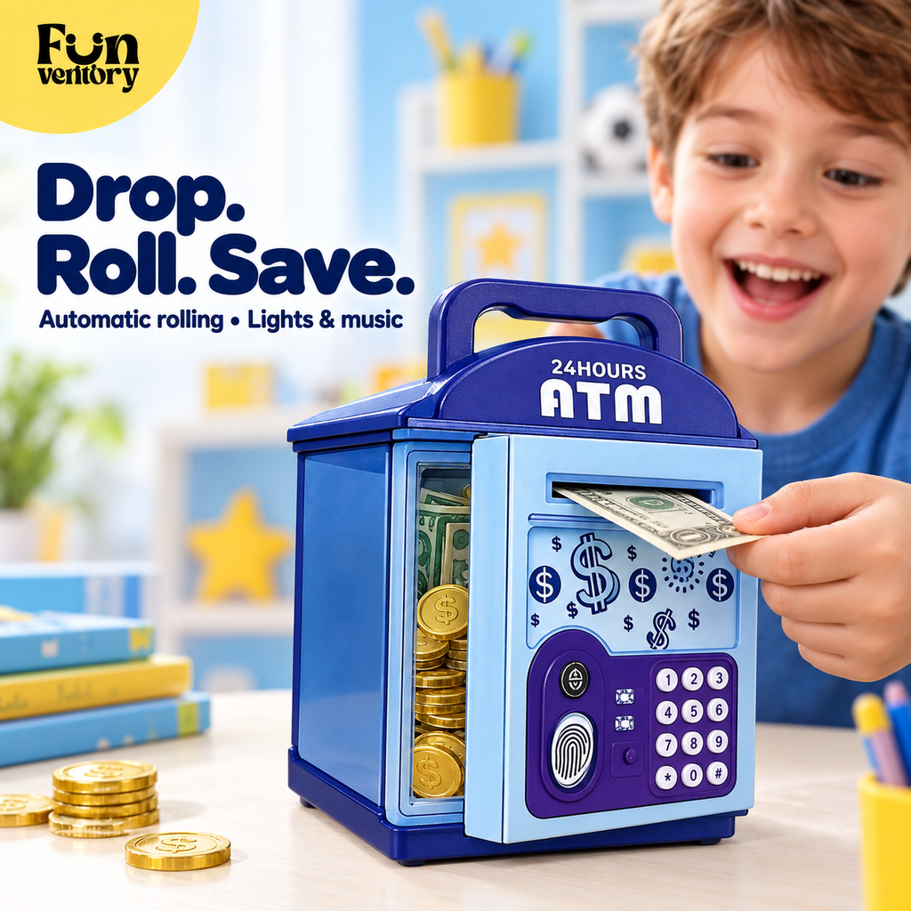 Boy feeding a note into a blue kids ATM money bank