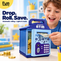 Boy feeding a note into a blue kids ATM money bank