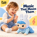 Toddler clapping to music from a crawling bunny toy