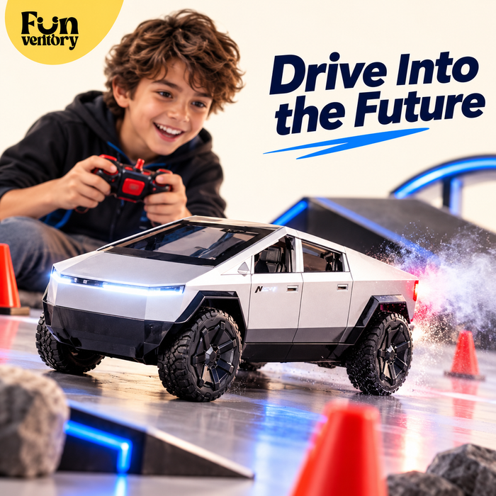 Boy driving a silver remote control pickup truck with spray mist