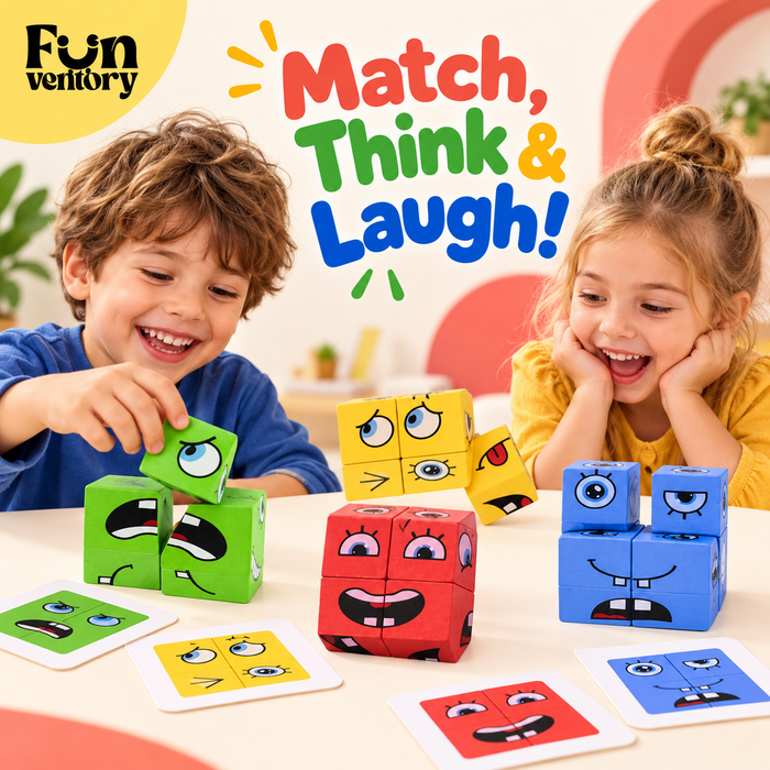 Two children playing a face matching cube game with picture cards