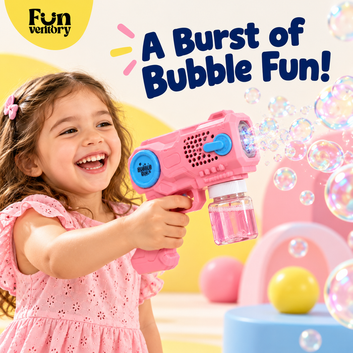 Girl blowing a burst of bubbles with a pink bubble gun