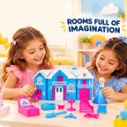 pink and blue toy villa dollhouse with furniture