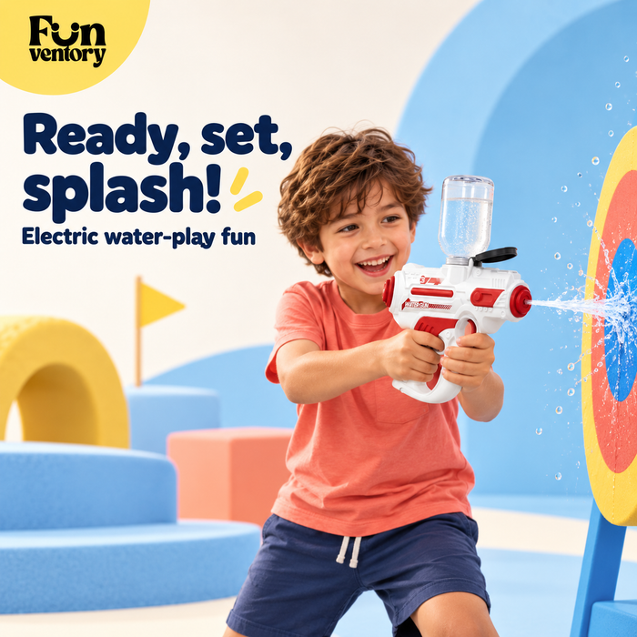 Boy playing with a white and red electric water gun outdoors