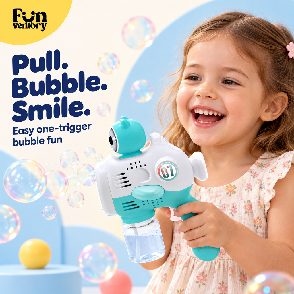 Girl making bubbles with an aqua whale bubble gun