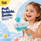 Girl making bubbles with an aqua whale bubble gun