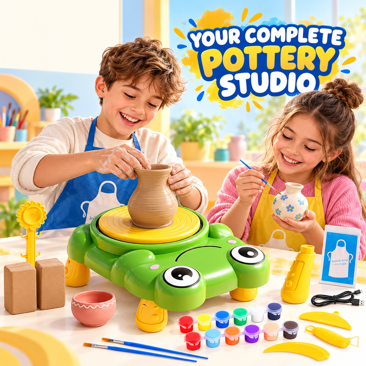 frog-shaped kids pottery wheel craft kit with clay and paints