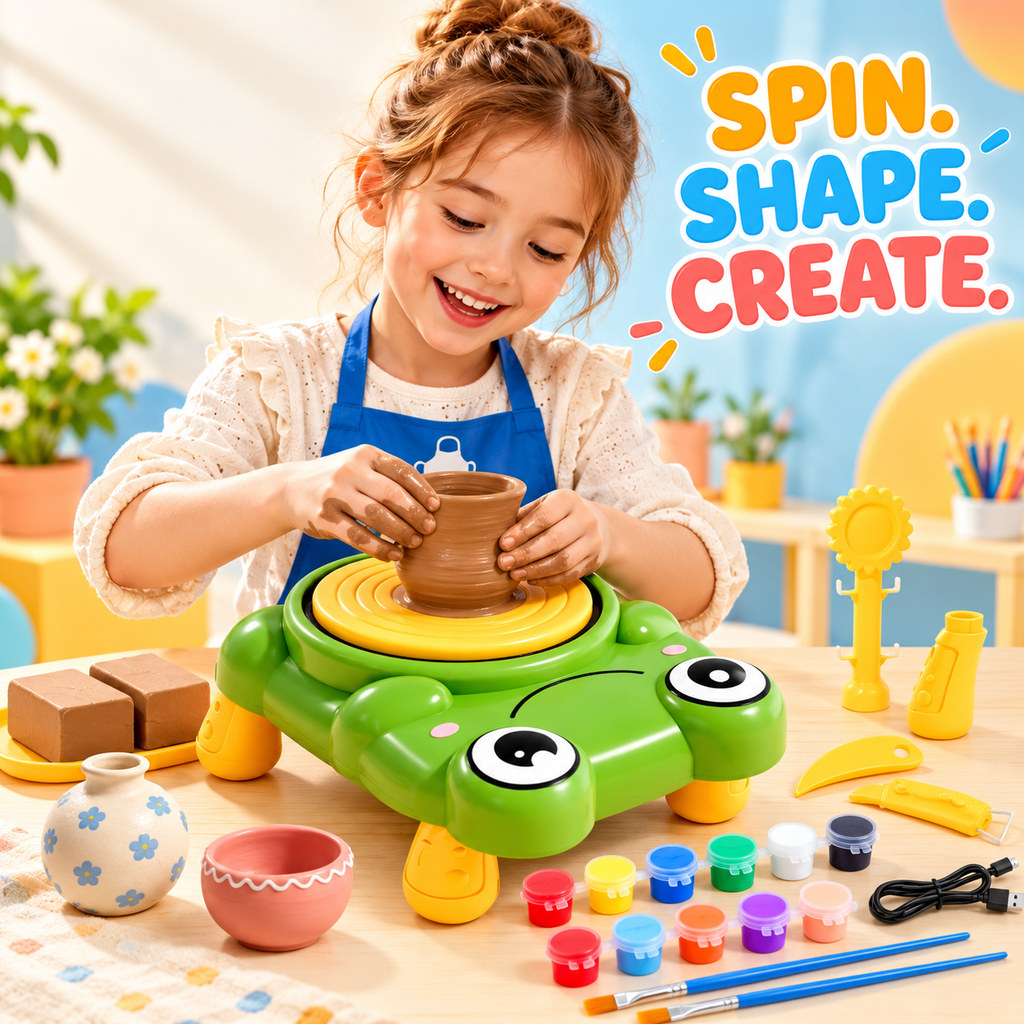 frog-shaped kids pottery wheel craft kit with clay and paints