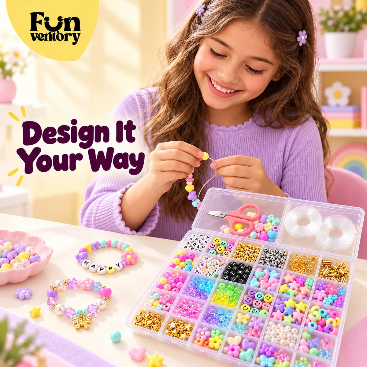 DIY alphabet bead bracelet making kit in an organizer box