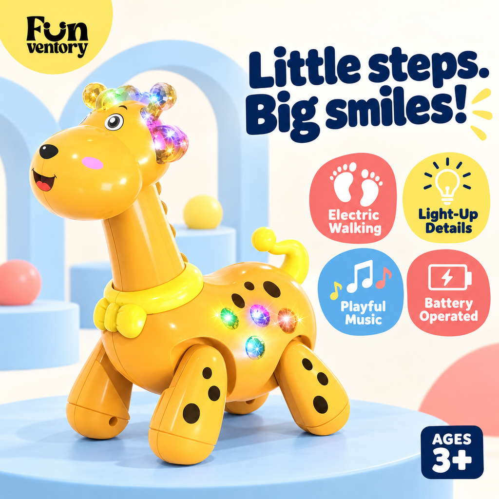 Walking giraffe toy features: electric walking, light-up details, playful music, battery operated