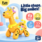 Walking giraffe toy features: electric walking, light-up details, playful music, battery operated