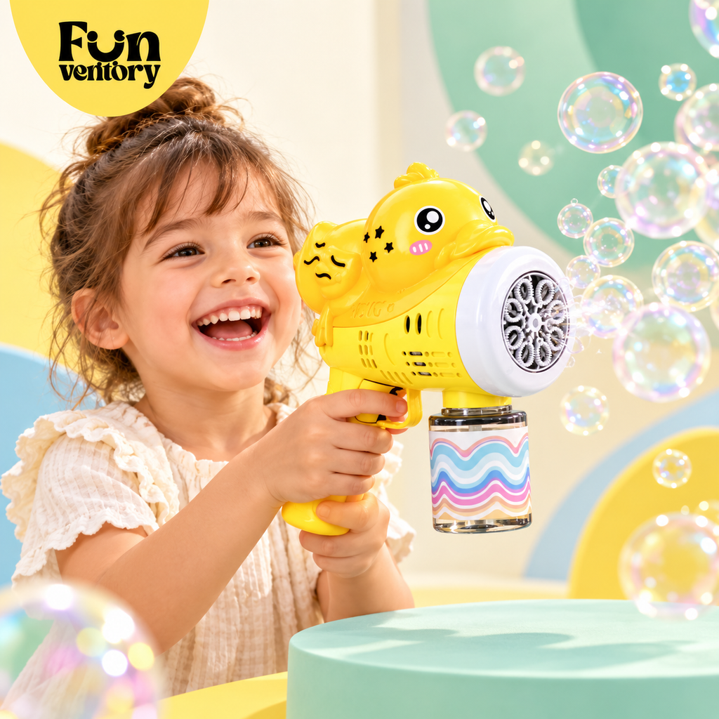 Girl laughing while making bubbles with a yellow fan bubble gun