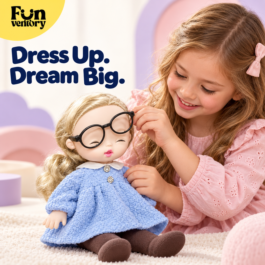 Girl dressing up a soft doll in a knitted blue dress