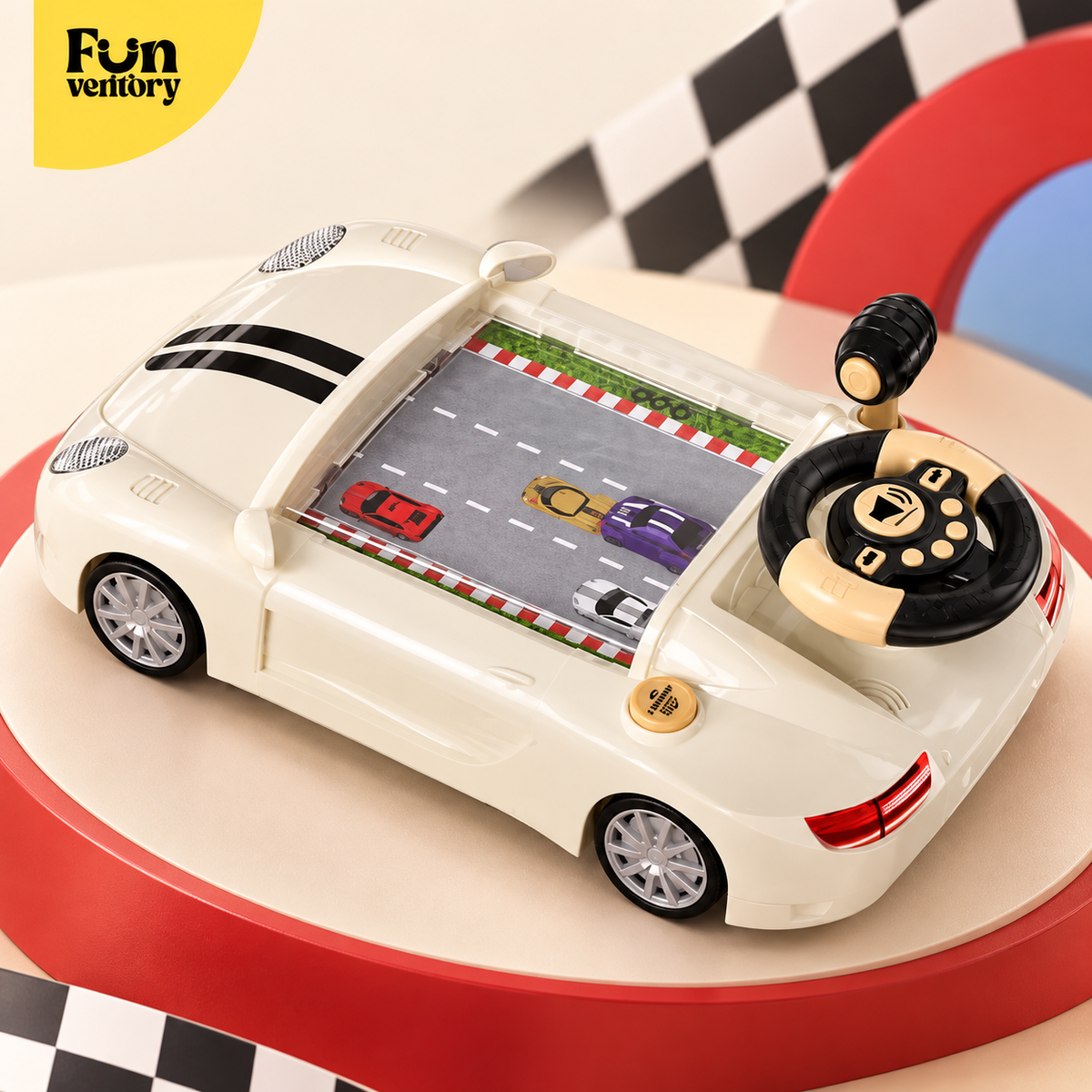 White toy car driving simulator with steering wheel and race screen